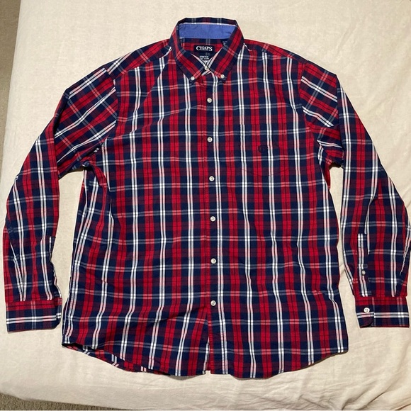 CHAPS Red, White, & Blue Button Down Long Sleeve Shirt | Stretch Easy Care - Picture 1 of 14